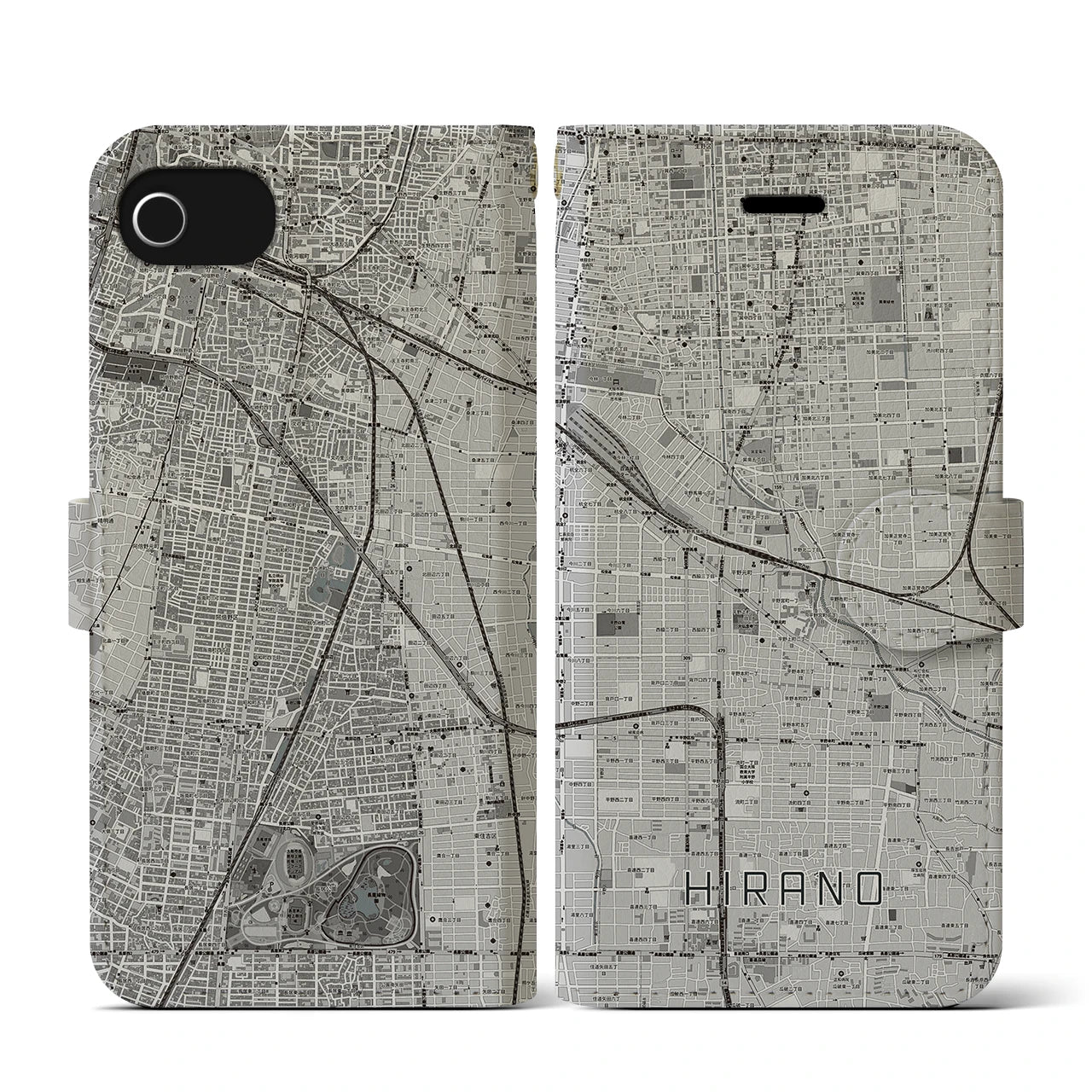 【平野(大阪府)】地図柄iPhoneケース(手帳タイプ)モノトーン・iPhone SE(第3 / 第2世代) / 8 / 7 / 6s / 6 用