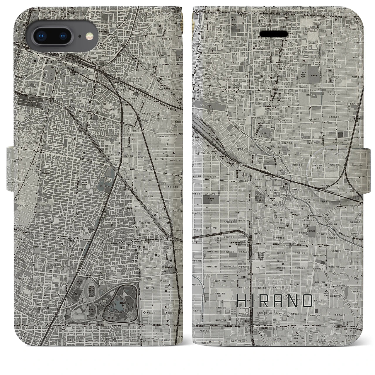 【平野(大阪府)】地図柄iPhoneケース(手帳タイプ)モノトーン・iPhone 8Plus /7Plus / 6sPlus / 6Plus 用