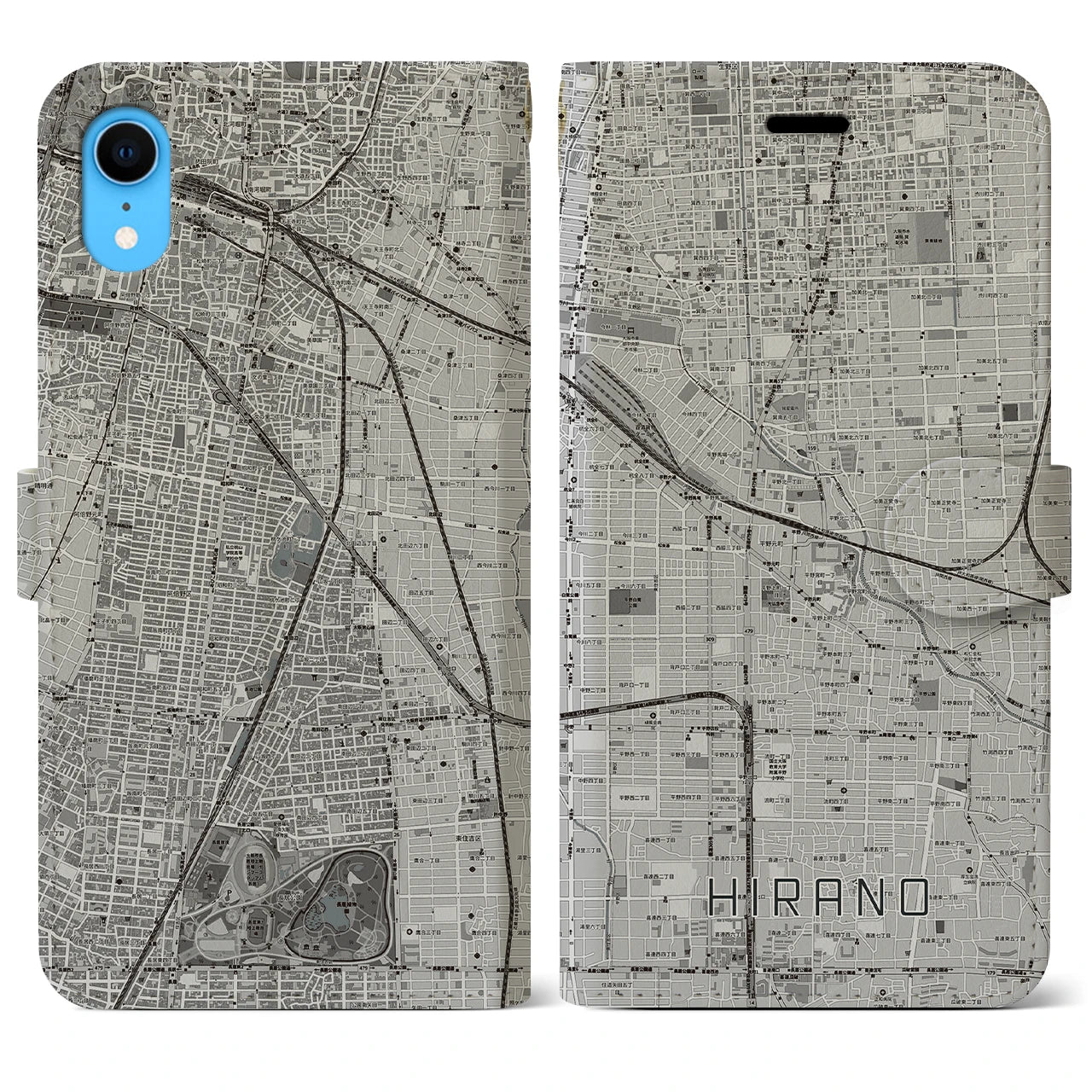 【平野(大阪府)】地図柄iPhoneケース(手帳タイプ)モノトーン・iPhone XR 用