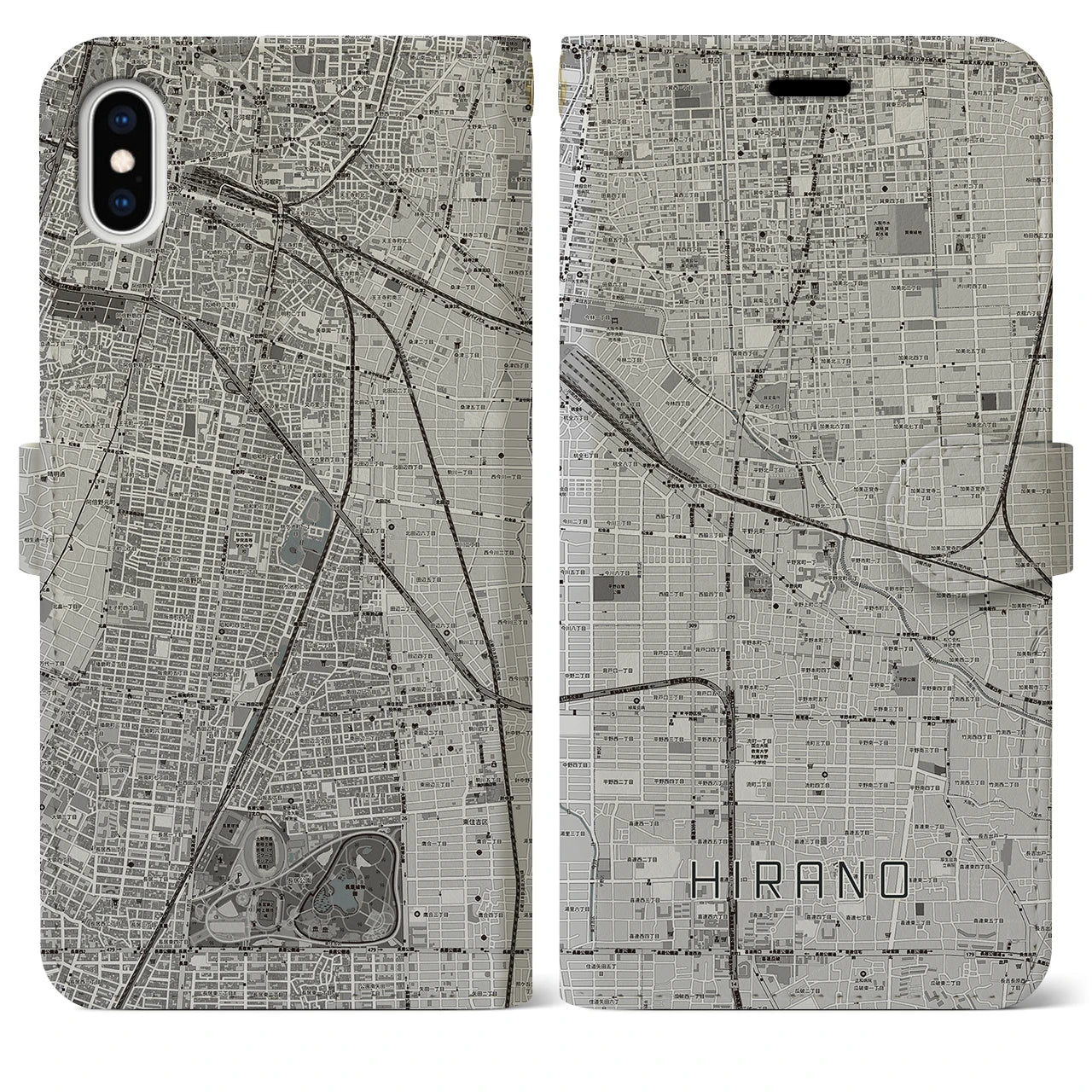 【平野(大阪府)】地図柄iPhoneケース(手帳タイプ)モノトーン・iPhone XS Max 用