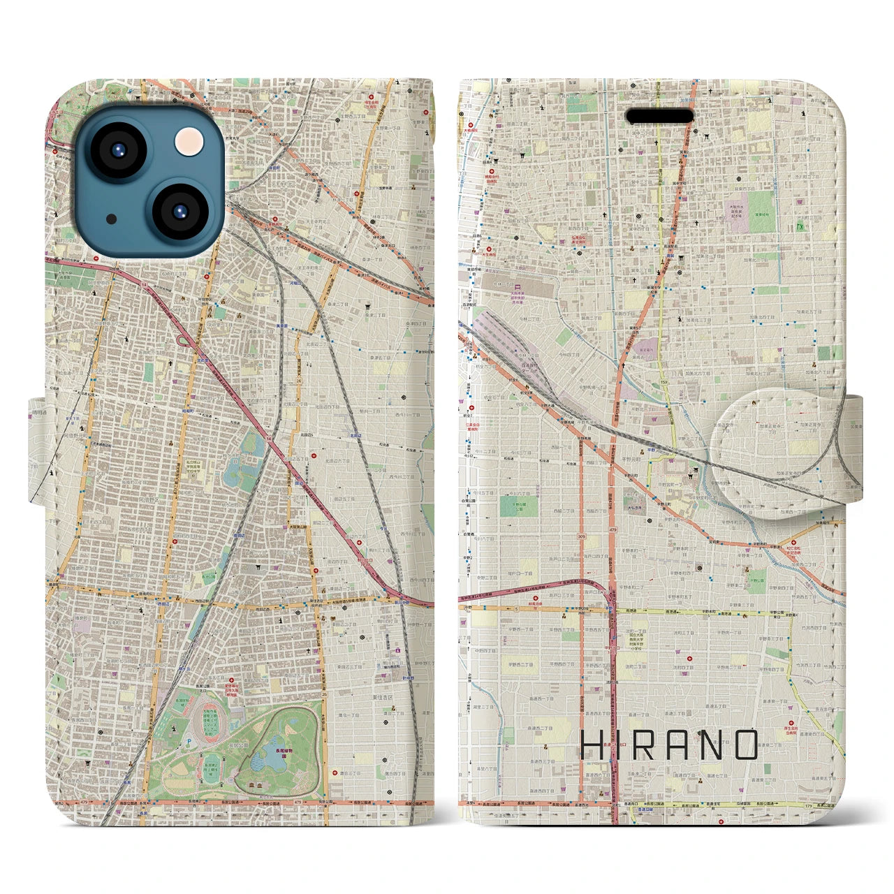 【平野(大阪府)】地図柄iPhoneケース(手帳タイプ)