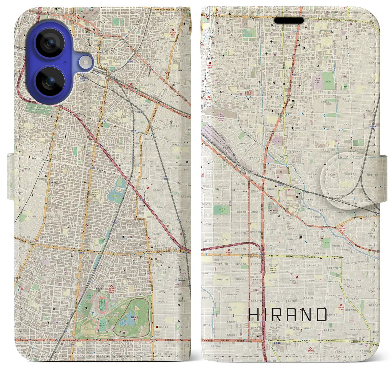 【平野(大阪府)】地図柄iPhoneケース(手帳タイプ)