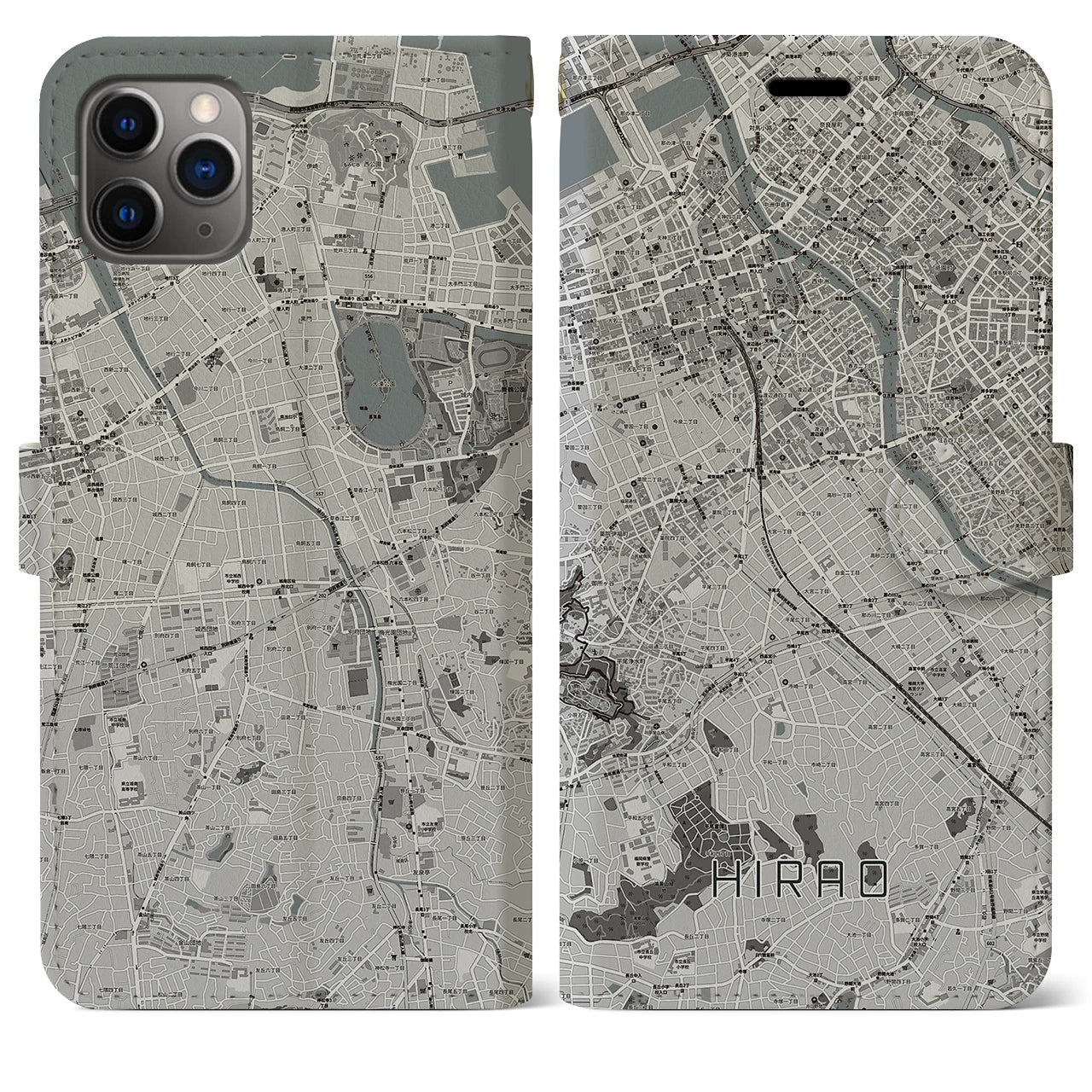 【平尾(福岡県)】地図柄iPhoneケース(手帳タイプ)モノトーン・iPhone 11 Pro Max 用