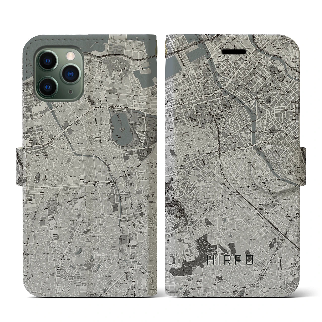 【平尾(福岡県)】地図柄iPhoneケース(手帳タイプ)モノトーン・iPhone 11 Pro 用