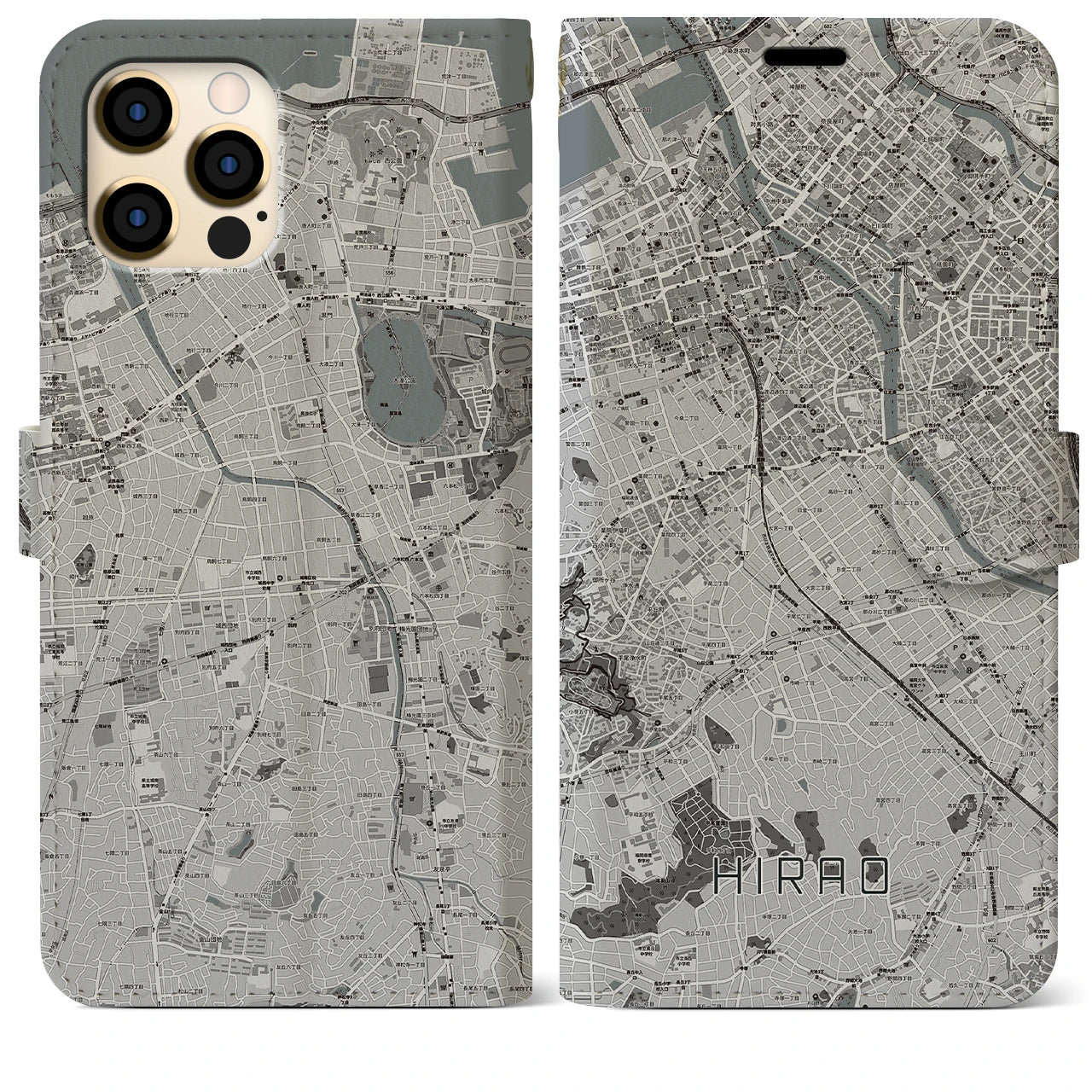 【平尾(福岡県)】地図柄iPhoneケース(手帳タイプ)モノトーン・iPhone 12 Pro Max 用