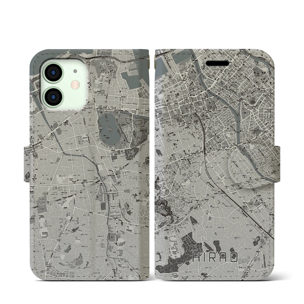 【平尾(福岡県)】地図柄iPhoneケース(手帳タイプ)モノトーン・iPhone 12 mini 用