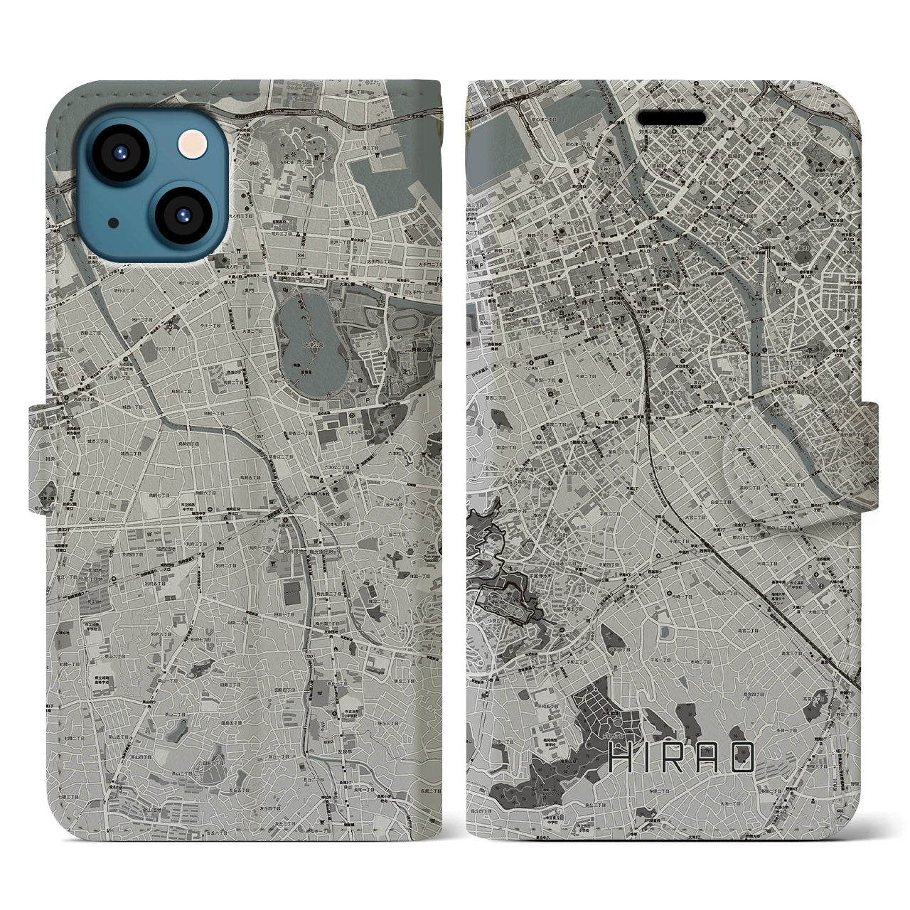 【平尾(福岡県)】地図柄iPhoneケース(手帳タイプ)モノトーン・iPhone 13 用