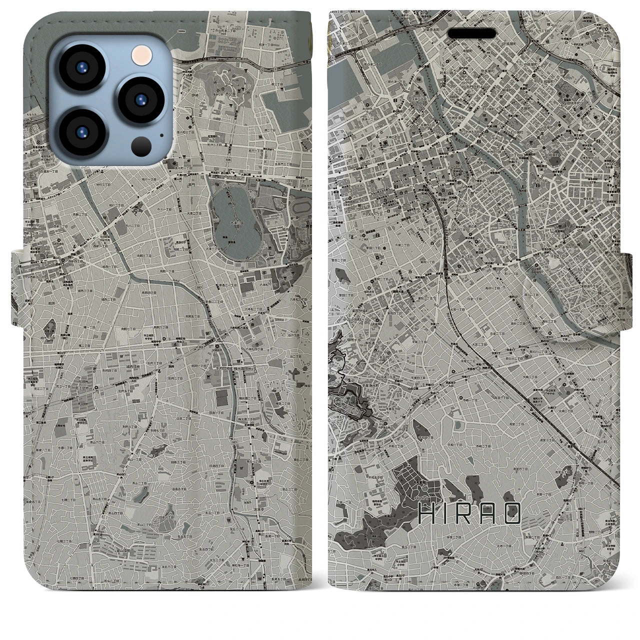 【平尾(福岡県)】地図柄iPhoneケース(手帳タイプ)モノトーン・iPhone 13 Pro Max 用