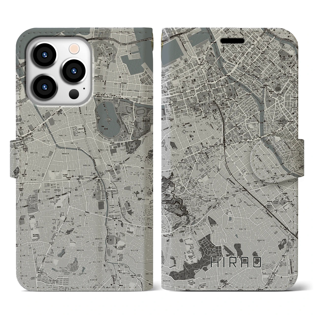 【平尾(福岡県)】地図柄iPhoneケース(手帳タイプ)モノトーン・iPhone 13 Pro 用