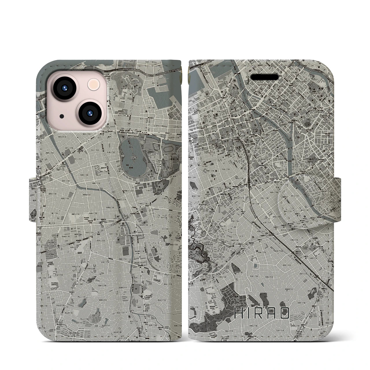 【平尾(福岡県)】地図柄iPhoneケース(手帳タイプ)モノトーン・iPhone 13 mini 用