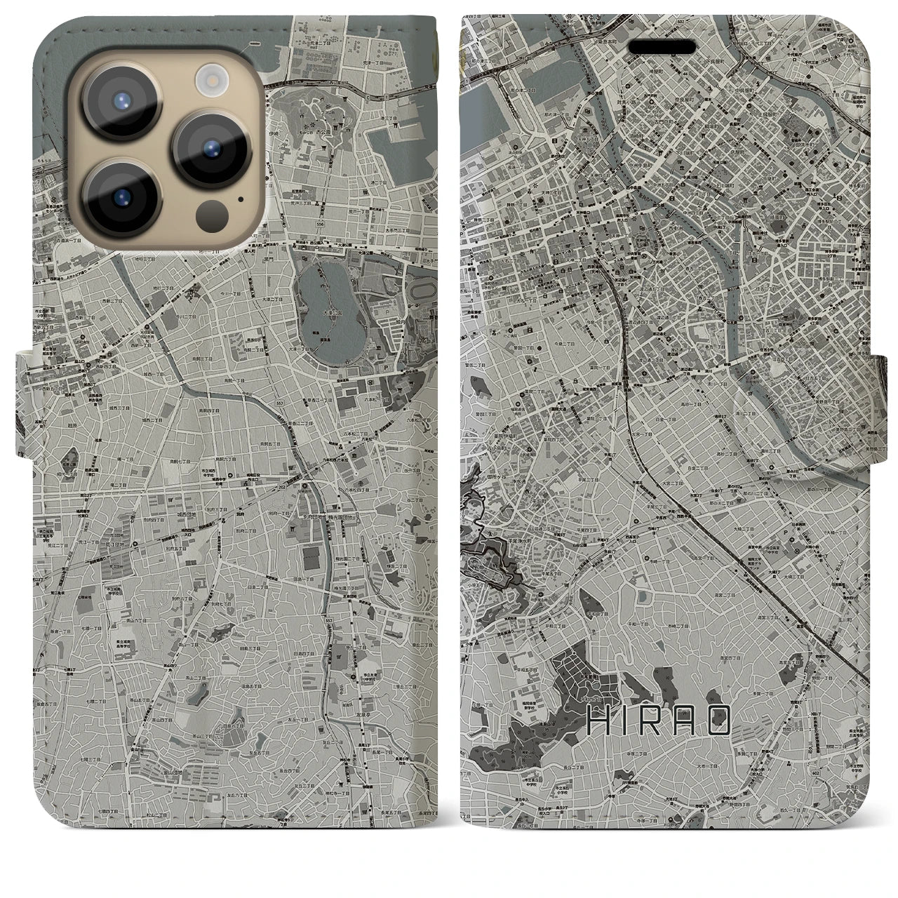 【平尾(福岡県)】地図柄iPhoneケース(手帳タイプ)モノトーン・iPhone 14 Pro Max 用