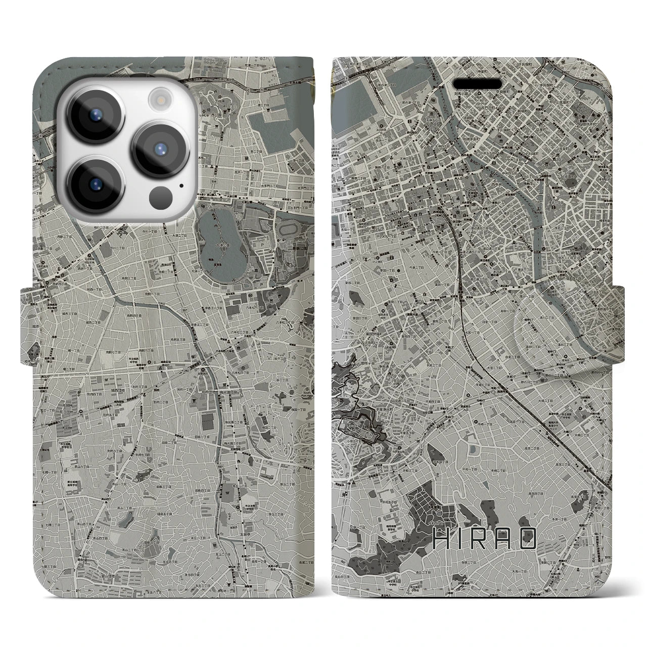 【平尾(福岡県)】地図柄iPhoneケース(手帳タイプ)モノトーン・iPhone 14 Pro 用