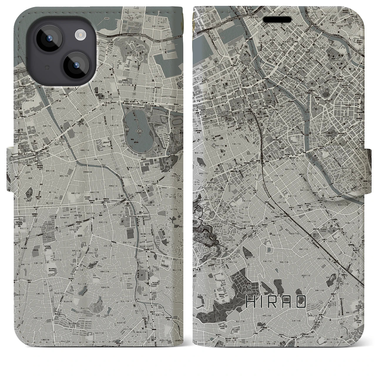 【平尾(福岡県)】地図柄iPhoneケース(手帳タイプ)モノトーン・iPhone 14 Plus 用