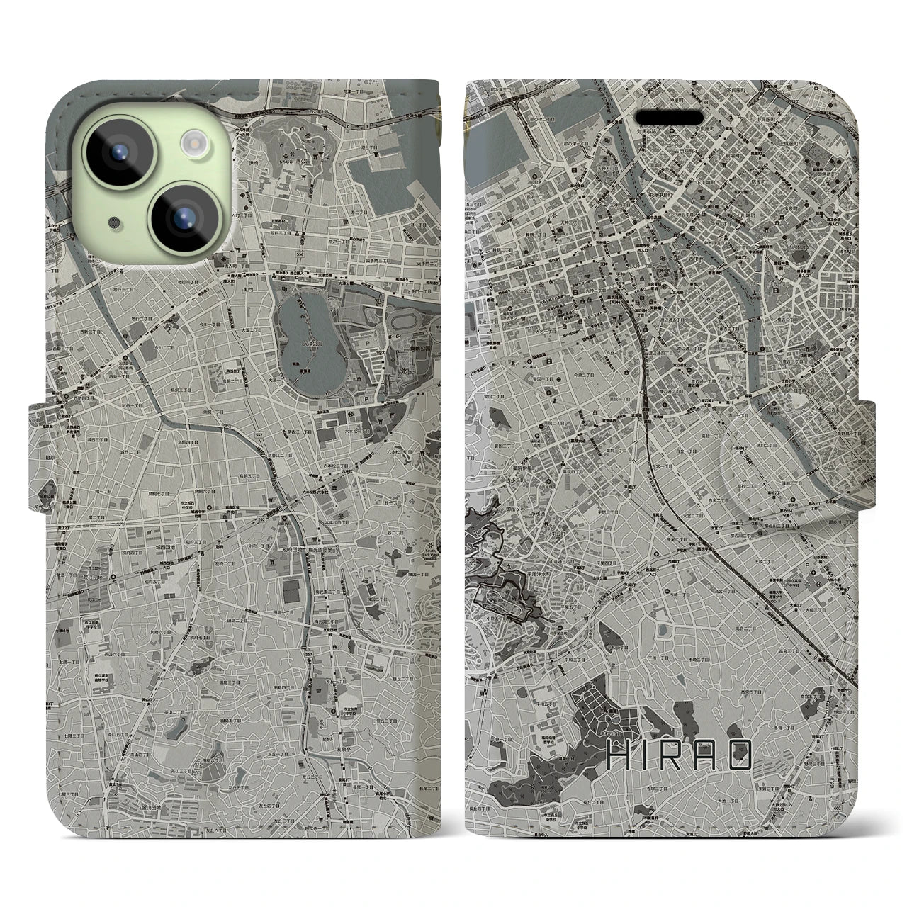 【平尾(福岡県)】地図柄iPhoneケース(手帳タイプ)モノトーン・iPhone 15 用