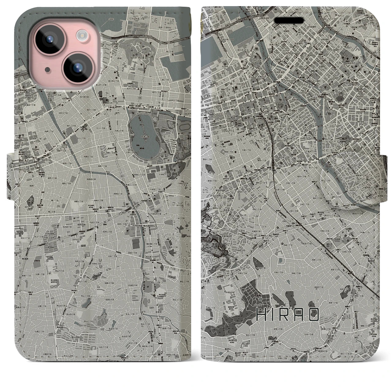 【平尾(福岡県)】地図柄iPhoneケース(手帳タイプ)モノトーン・iPhone 15 Plus 用