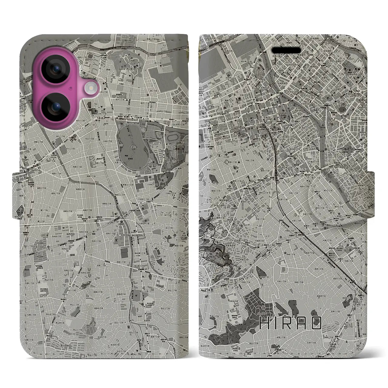 【平尾(福岡県)】地図柄iPhoneケース(手帳タイプ)モノトーン・iPhone 16 Pro 用