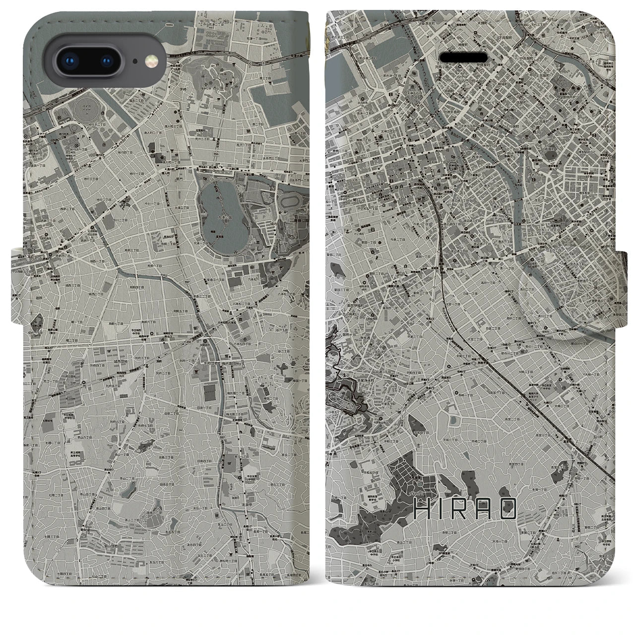 【平尾(福岡県)】地図柄iPhoneケース(手帳タイプ)モノトーン・iPhone 8Plus /7Plus / 6sPlus / 6Plus 用
