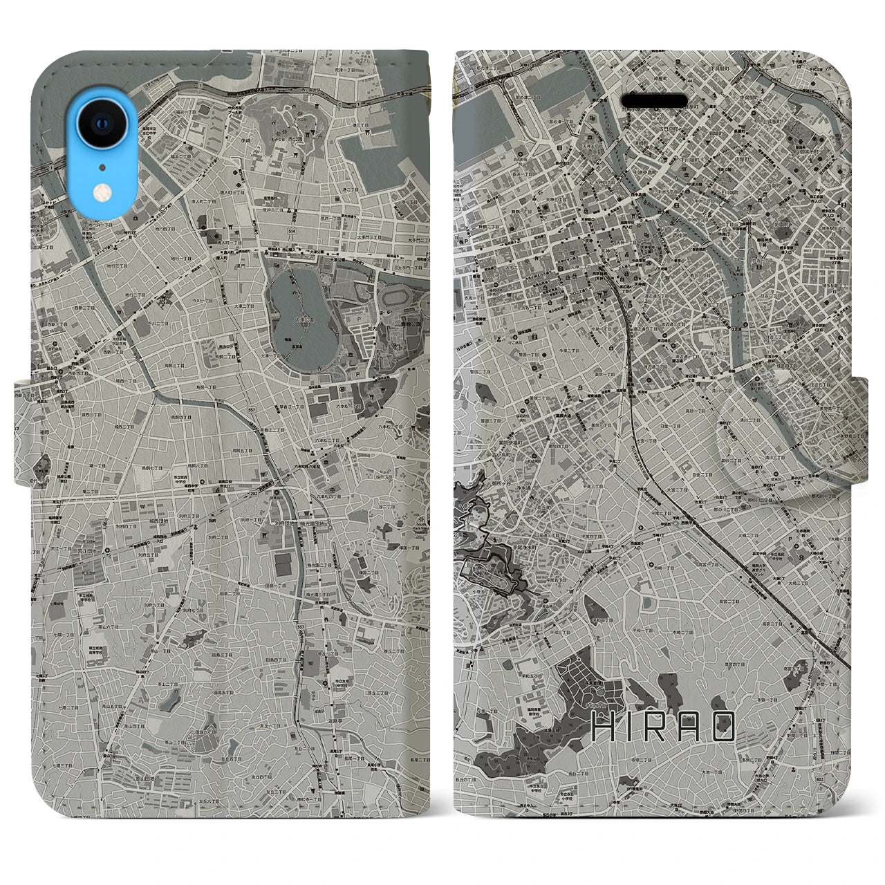 【平尾(福岡県)】地図柄iPhoneケース(手帳タイプ)モノトーン・iPhone XR 用