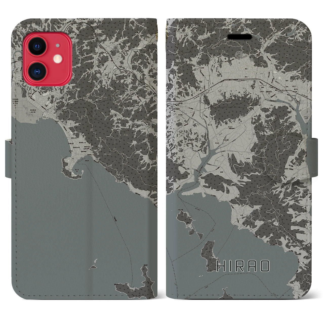 【平生(山口県)】地図柄iPhoneケース(手帳タイプ)モノトーン・iPhone 11 用