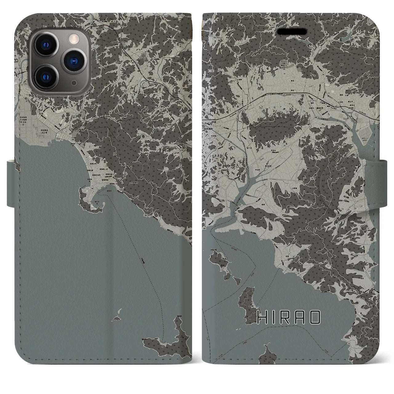 【平生(山口県)】地図柄iPhoneケース(手帳タイプ)モノトーン・iPhone 11 Pro Max 用