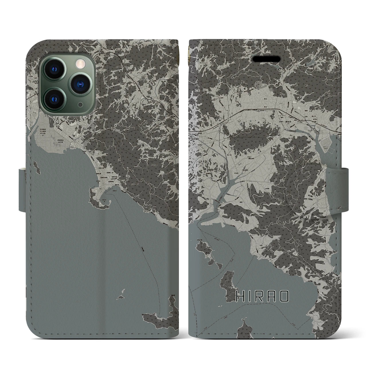 【平生(山口県)】地図柄iPhoneケース(手帳タイプ)モノトーン・iPhone 11 Pro 用