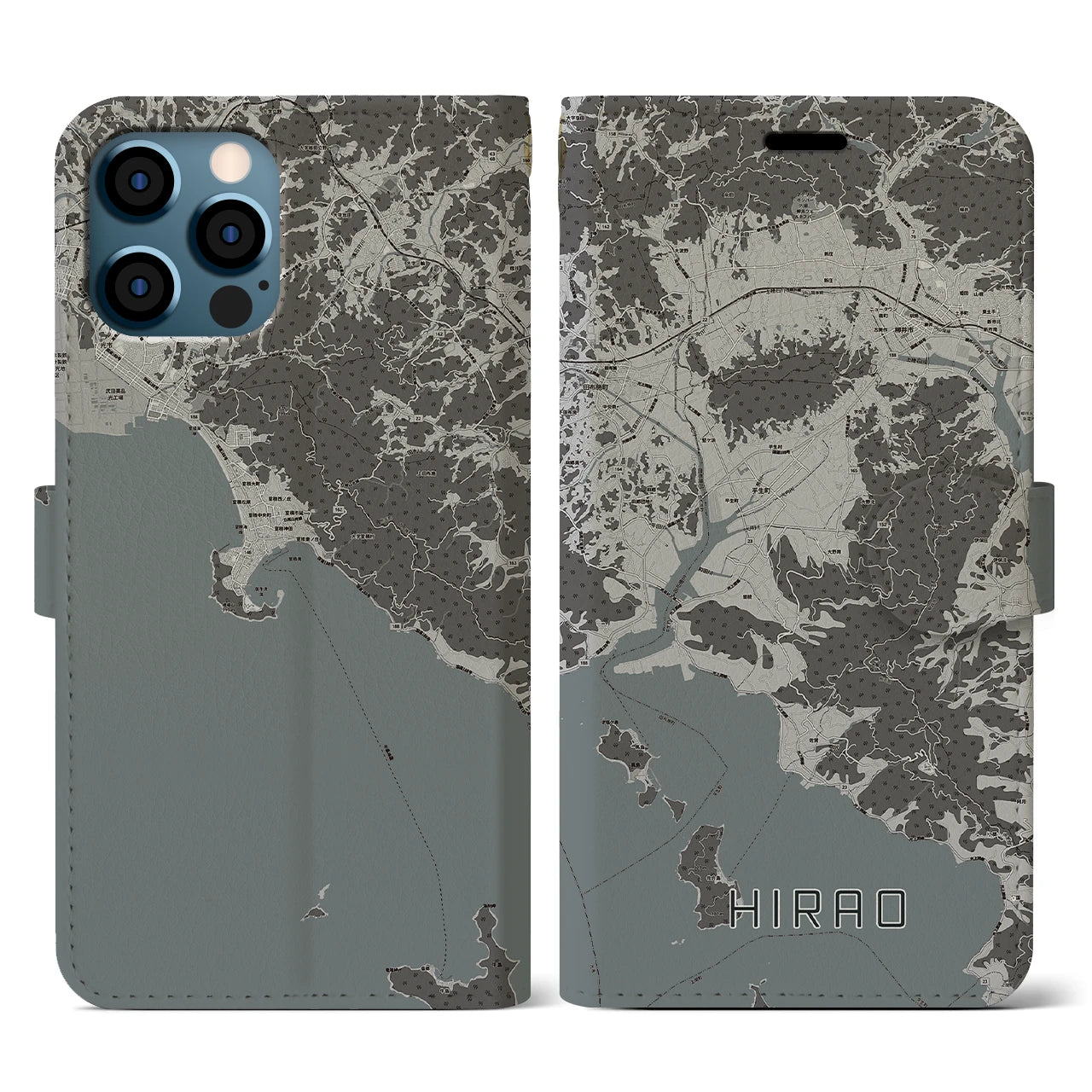 【平生(山口県)】地図柄iPhoneケース(手帳タイプ)モノトーン・iPhone 12 / 12 Pro 用
