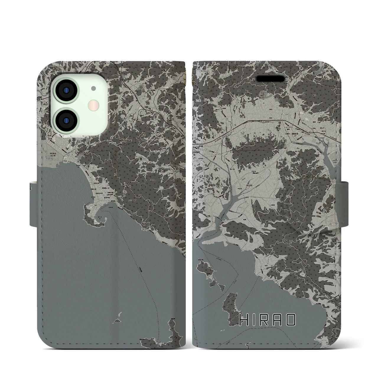 【平生(山口県)】地図柄iPhoneケース(手帳タイプ)モノトーン・iPhone 12 mini 用
