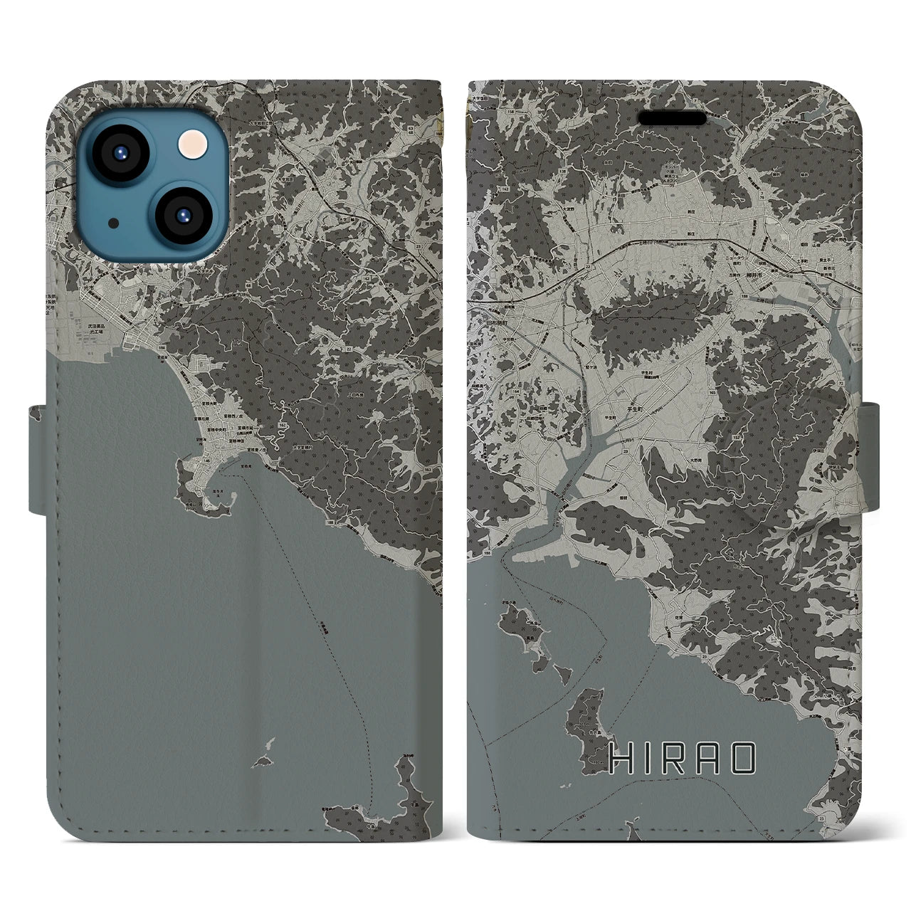 【平生(山口県)】地図柄iPhoneケース(手帳タイプ)モノトーン・iPhone 13 用