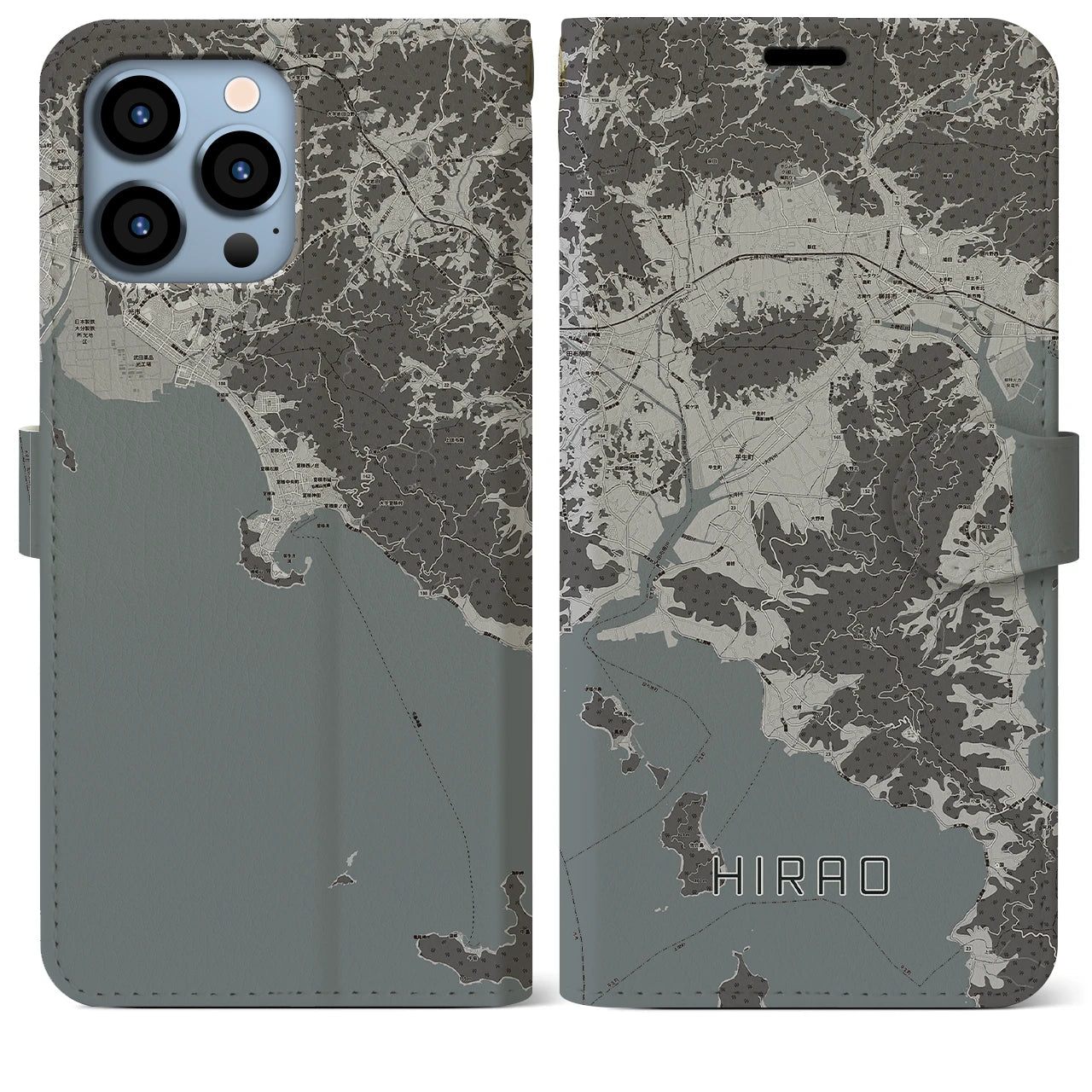 【平生(山口県)】地図柄iPhoneケース(手帳タイプ)モノトーン・iPhone 13 Pro Max 用