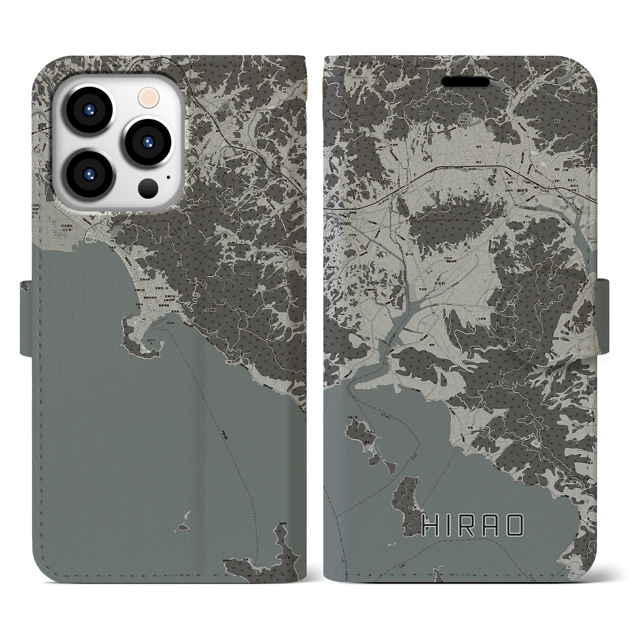【平生(山口県)】地図柄iPhoneケース(手帳タイプ)モノトーン・iPhone 13 Pro 用