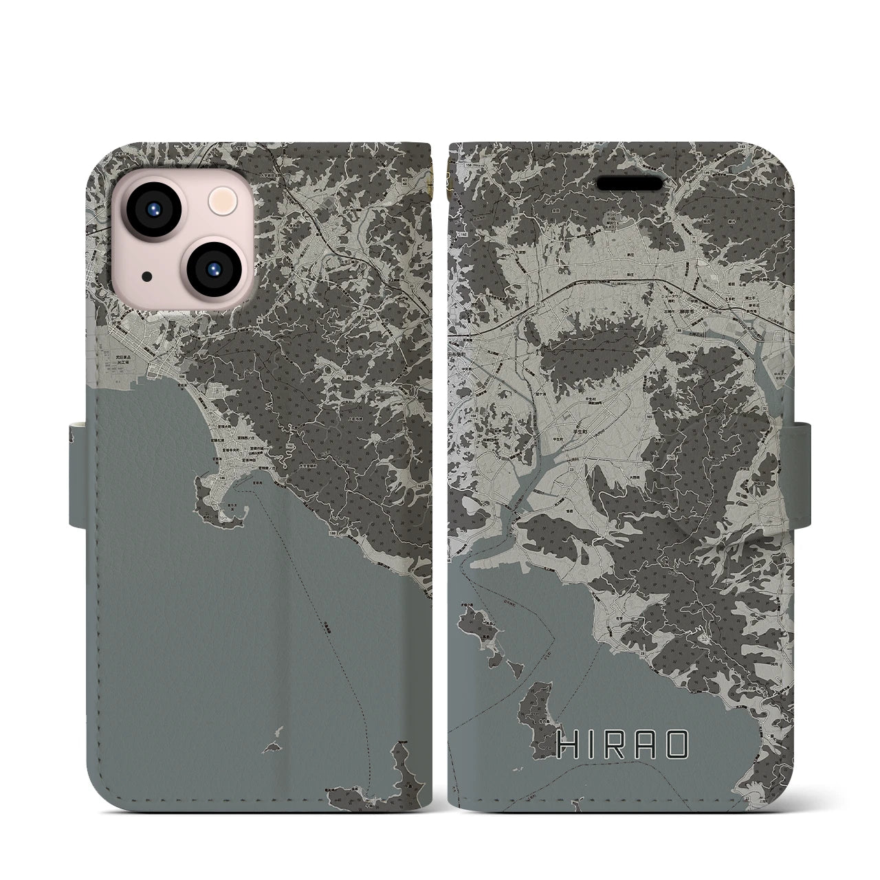 【平生(山口県)】地図柄iPhoneケース(手帳タイプ)モノトーン・iPhone 13 mini 用