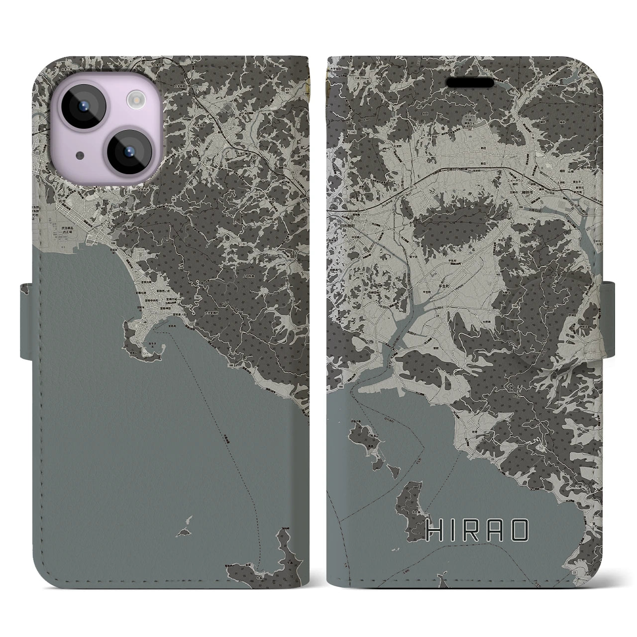 【平生(山口県)】地図柄iPhoneケース(手帳タイプ)モノトーン・iPhone 14 用