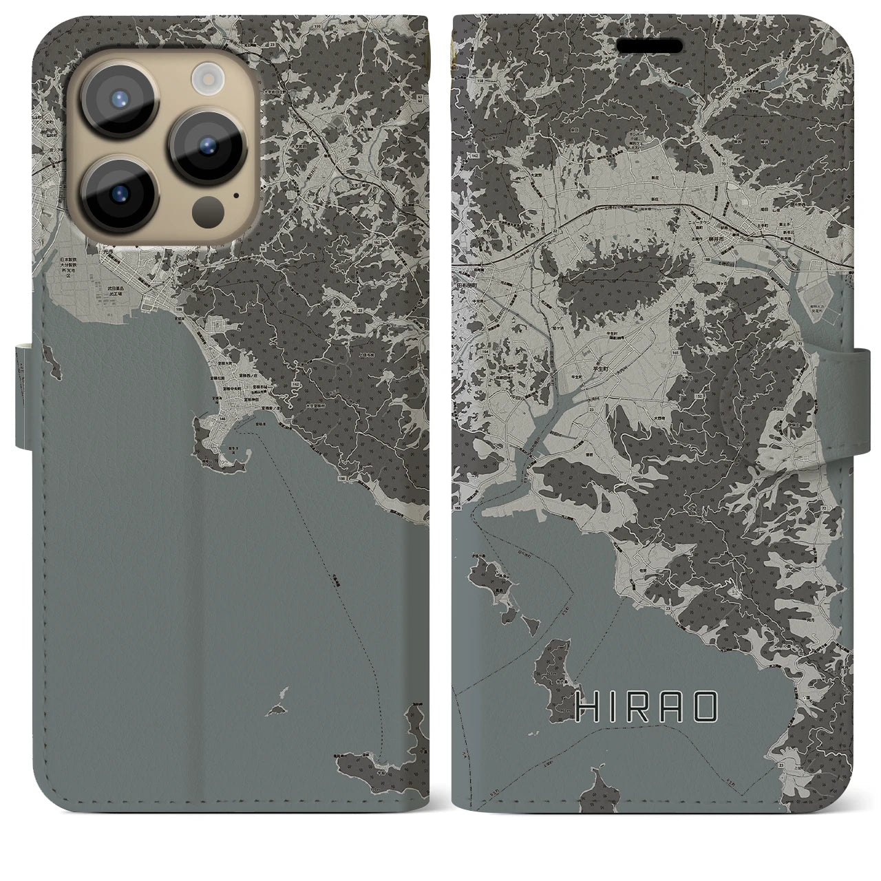 【平生(山口県)】地図柄iPhoneケース(手帳タイプ)モノトーン・iPhone 14 Pro Max 用
