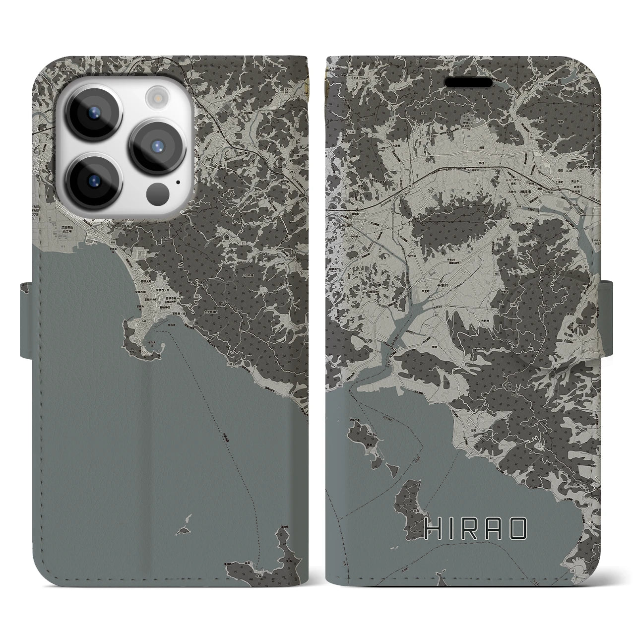 【平生(山口県)】地図柄iPhoneケース(手帳タイプ)モノトーン・iPhone 14 Pro 用