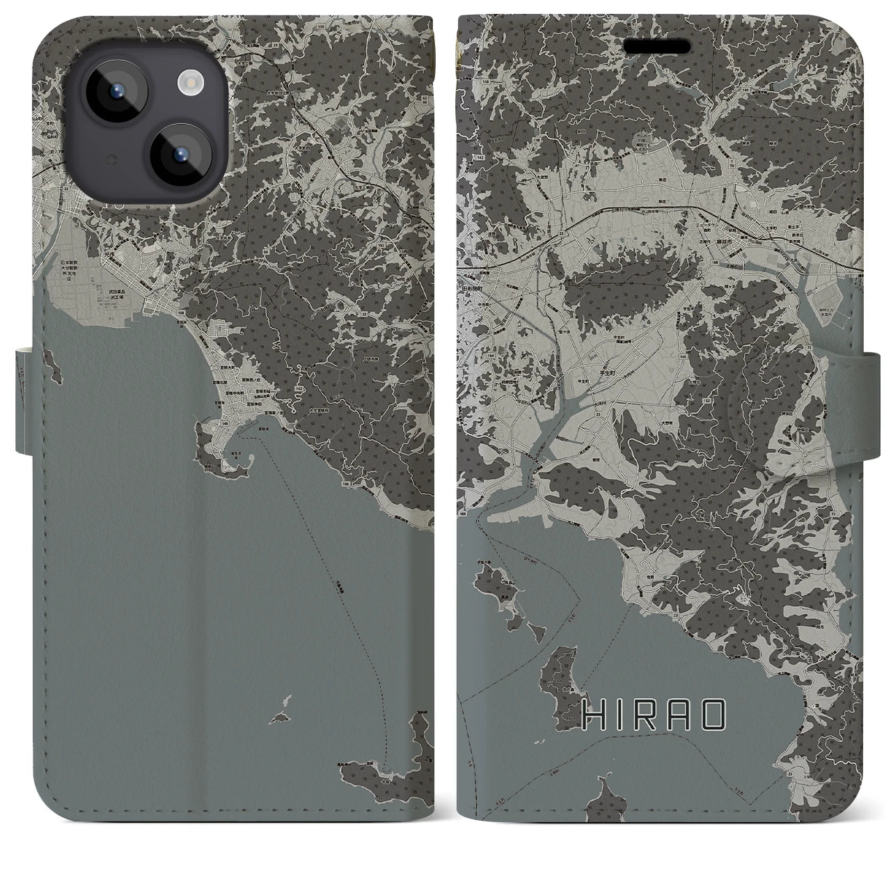 【平生(山口県)】地図柄iPhoneケース(手帳タイプ)モノトーン・iPhone 14 Plus 用