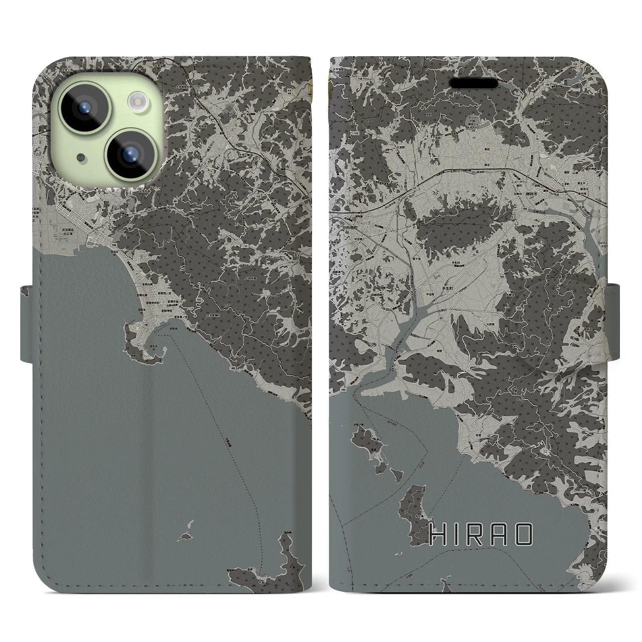 【平生(山口県)】地図柄iPhoneケース(手帳タイプ)モノトーン・iPhone 15 用