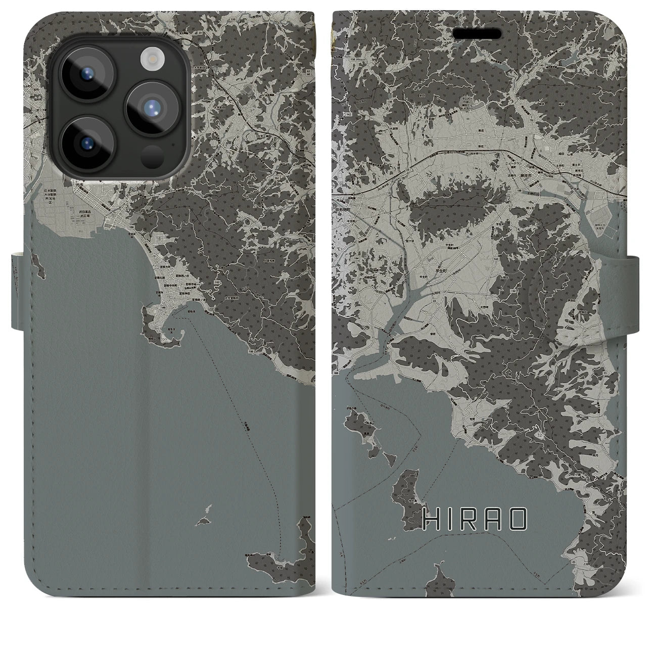 【平生(山口県)】地図柄iPhoneケース(手帳タイプ)モノトーン・iPhone 15 Pro Max 用