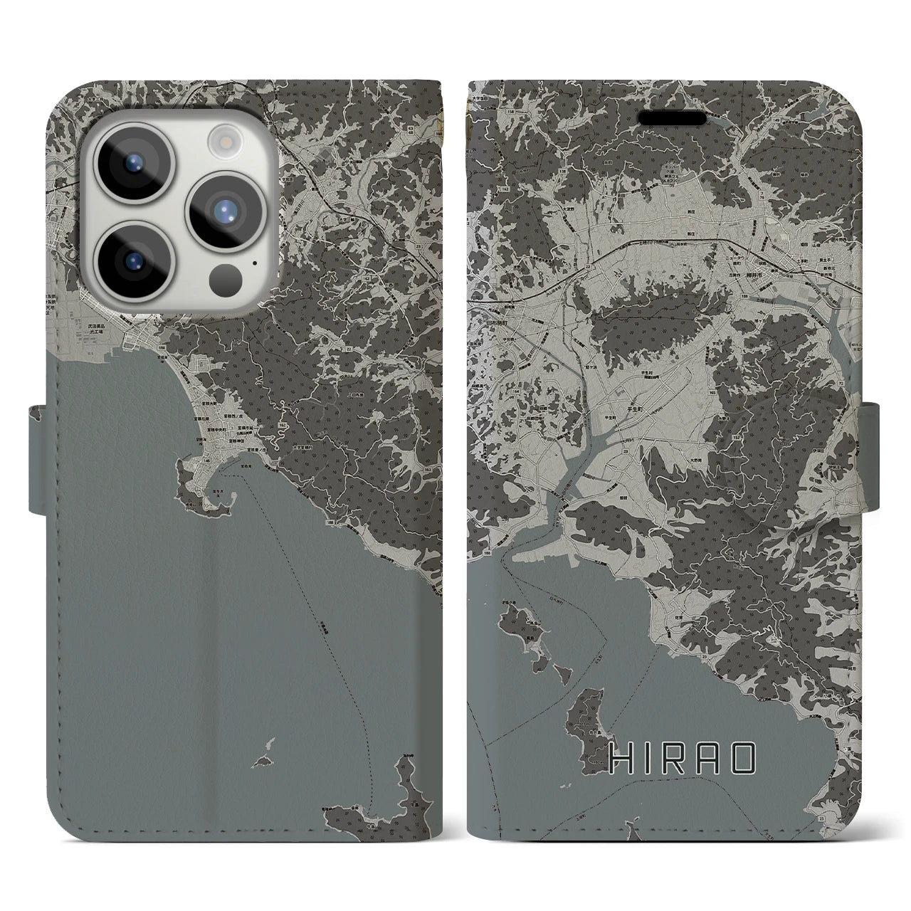 【平生(山口県)】地図柄iPhoneケース(手帳タイプ)モノトーン・iPhone 15 Pro 用