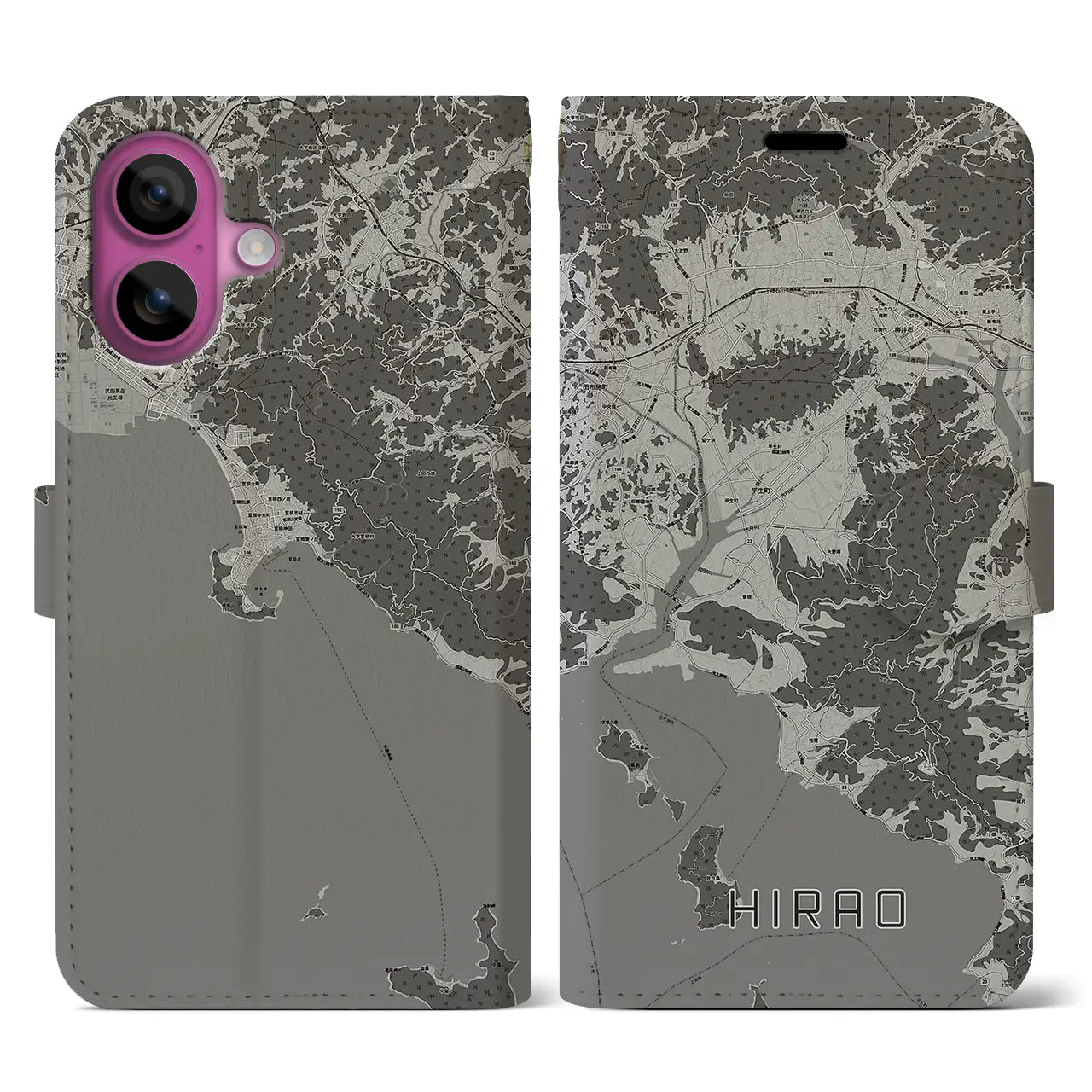 【平生(山口県)】地図柄iPhoneケース(手帳タイプ)モノトーン・iPhone 16 Pro 用