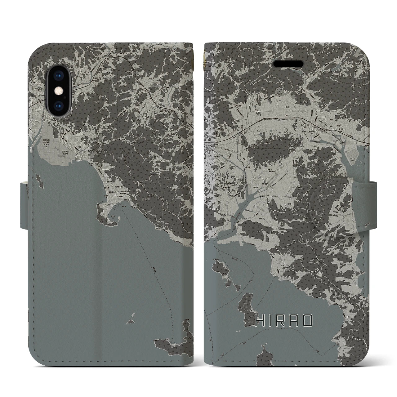 【平生(山口県)】地図柄iPhoneケース(手帳タイプ)モノトーン・iPhone XS / X 用