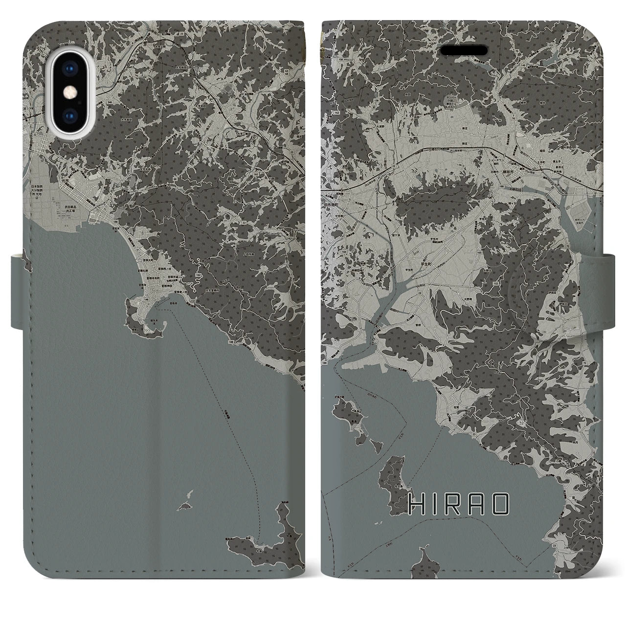 【平生(山口県)】地図柄iPhoneケース(手帳タイプ)モノトーン・iPhone XS Max 用