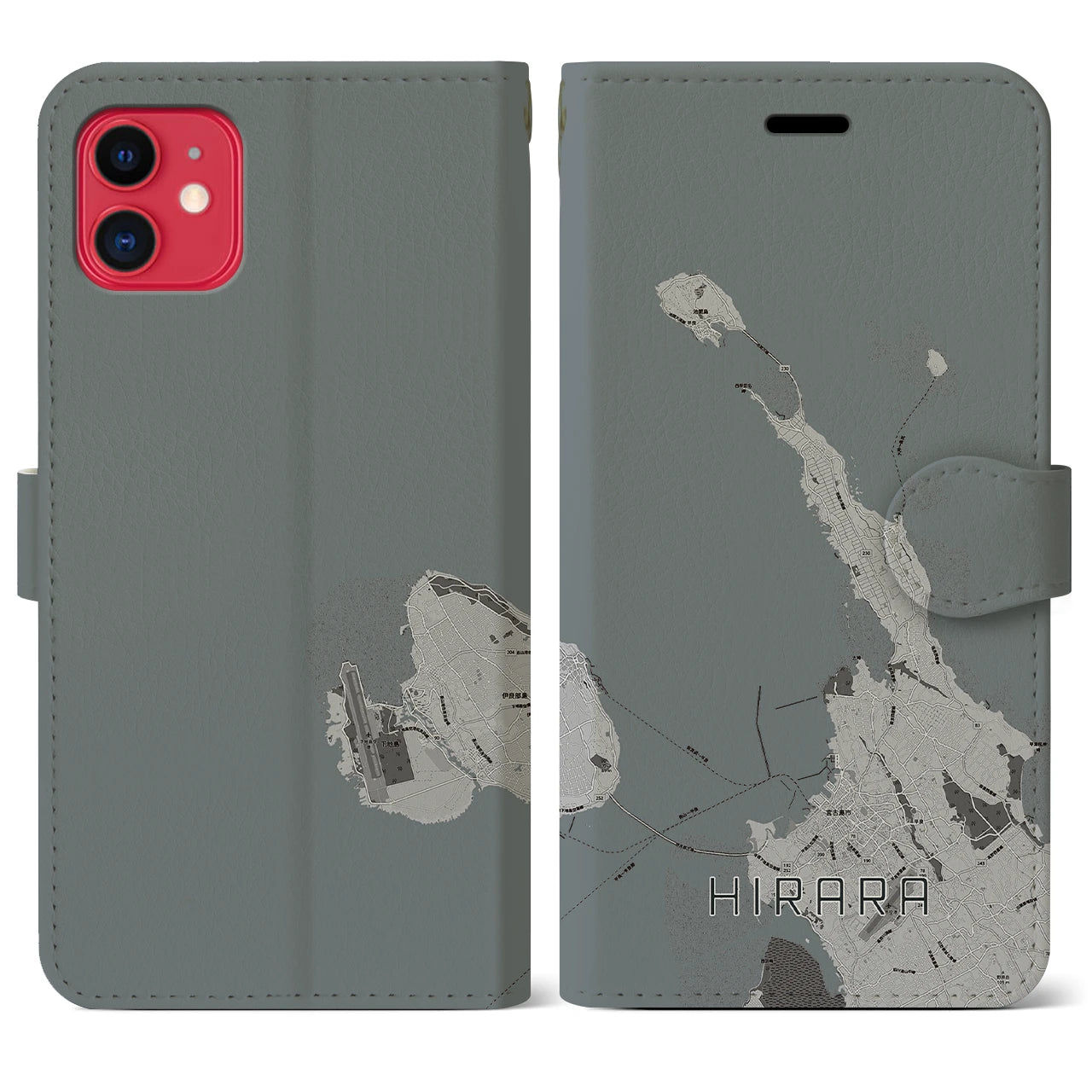 【平良(沖縄県)】地図柄iPhoneケース(手帳タイプ)モノトーン・iPhone 11 用