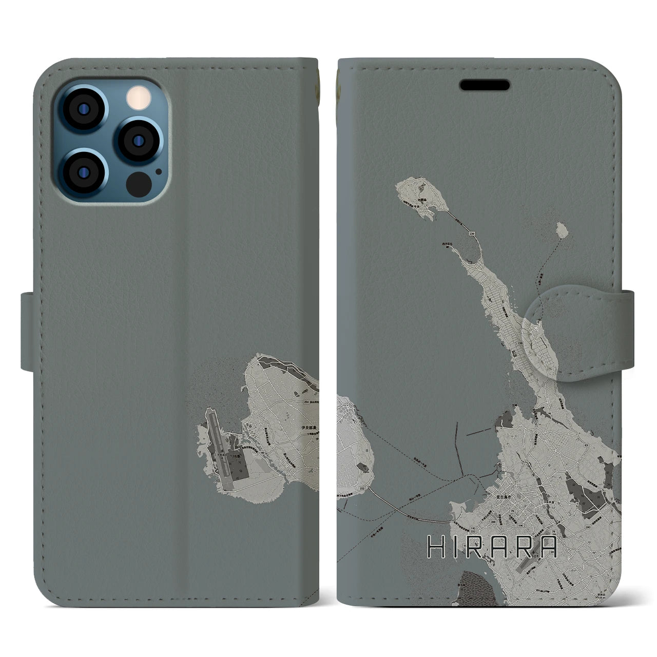 【平良(沖縄県)】地図柄iPhoneケース(手帳タイプ)モノトーン・iPhone 12 / 12 Pro 用