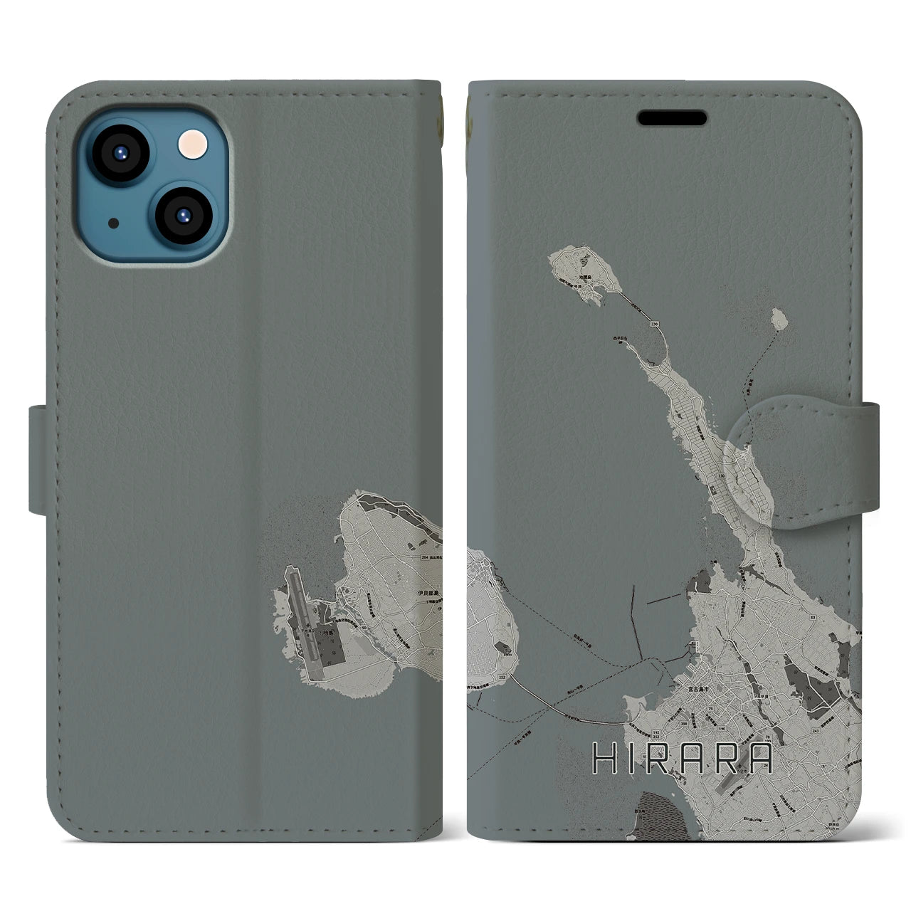 【平良(沖縄県)】地図柄iPhoneケース(手帳タイプ)モノトーン・iPhone 13 用