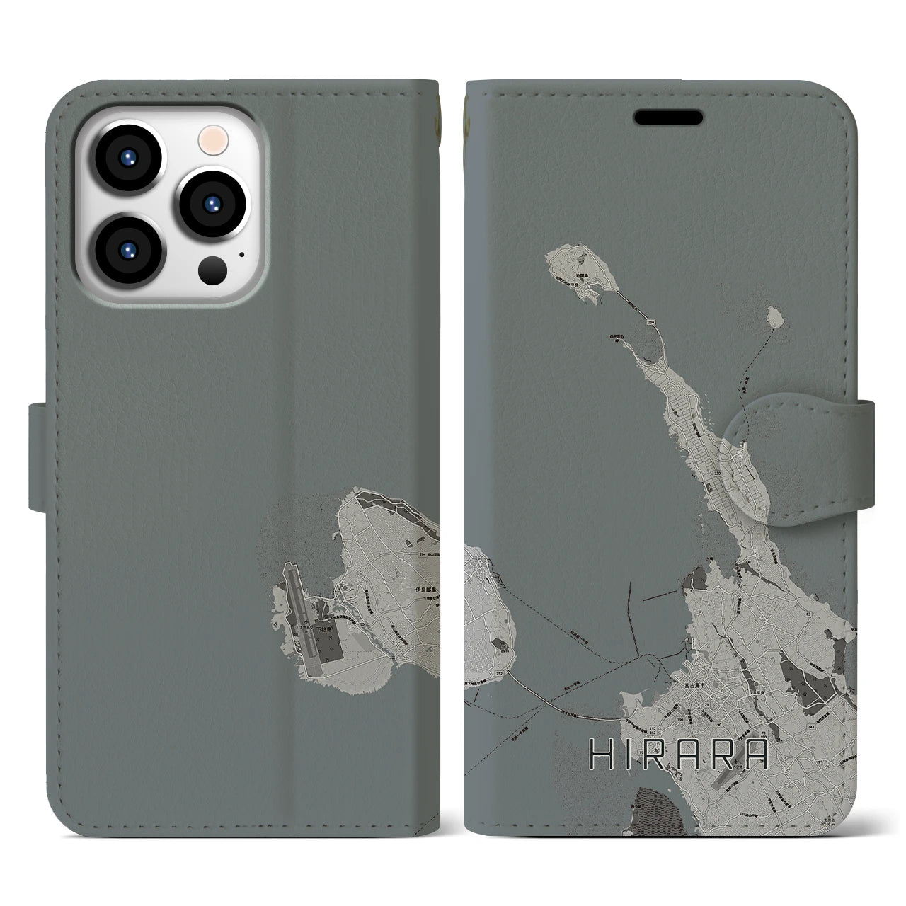 【平良(沖縄県)】地図柄iPhoneケース(手帳タイプ)モノトーン・iPhone 13 Pro 用