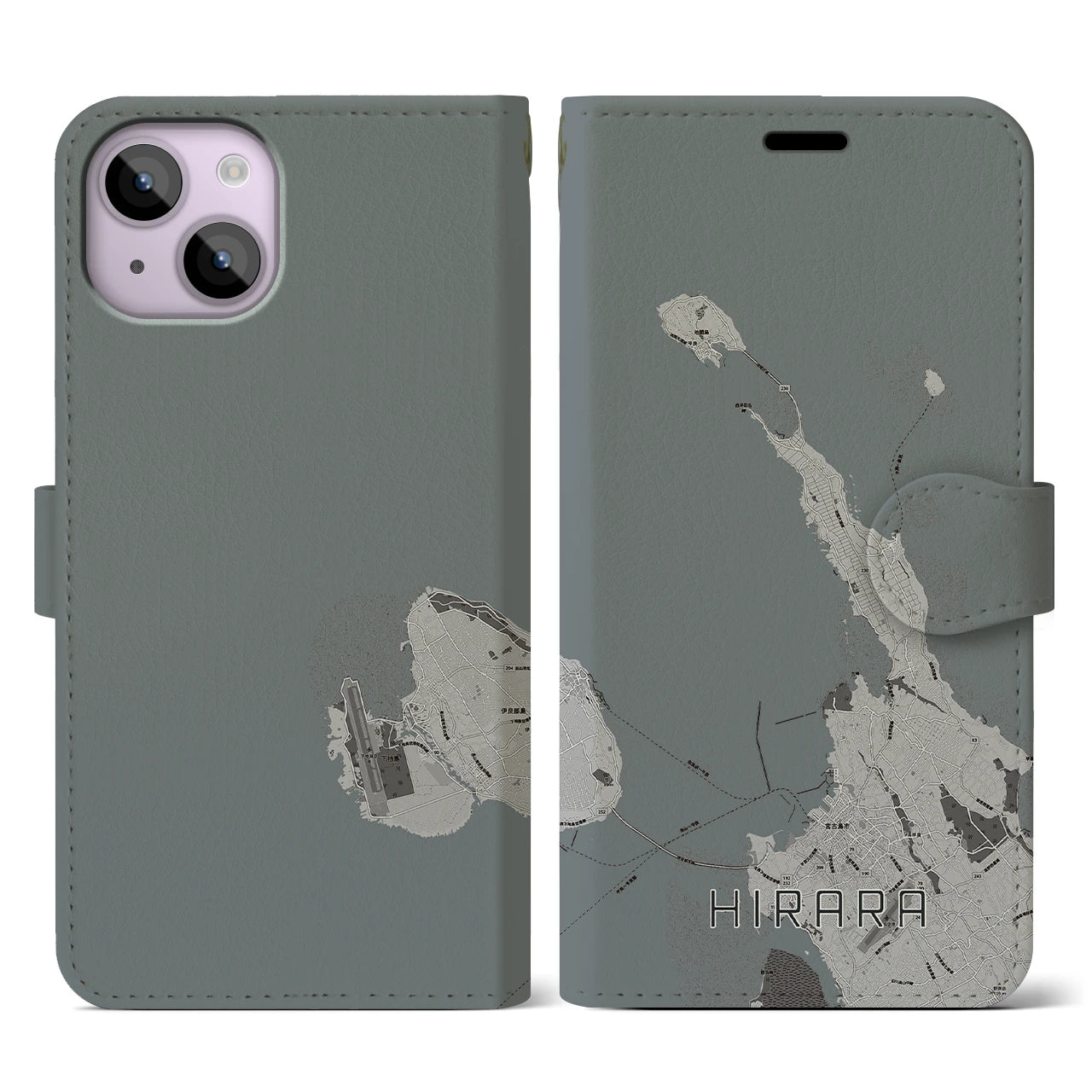 【平良(沖縄県)】地図柄iPhoneケース(手帳タイプ)モノトーン・iPhone 14 用