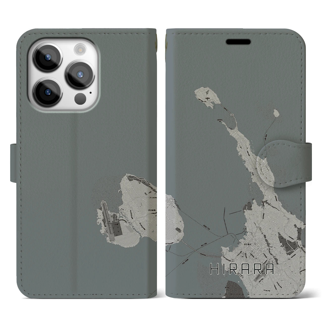 【平良(沖縄県)】地図柄iPhoneケース(手帳タイプ)モノトーン・iPhone 14 Pro 用
