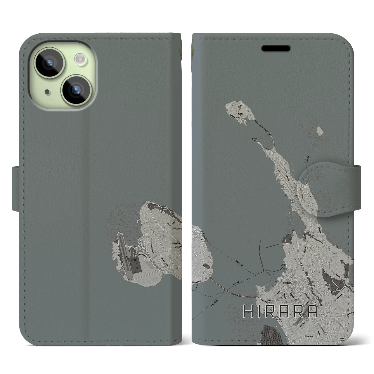 【平良(沖縄県)】地図柄iPhoneケース(手帳タイプ)モノトーン・iPhone 15 用