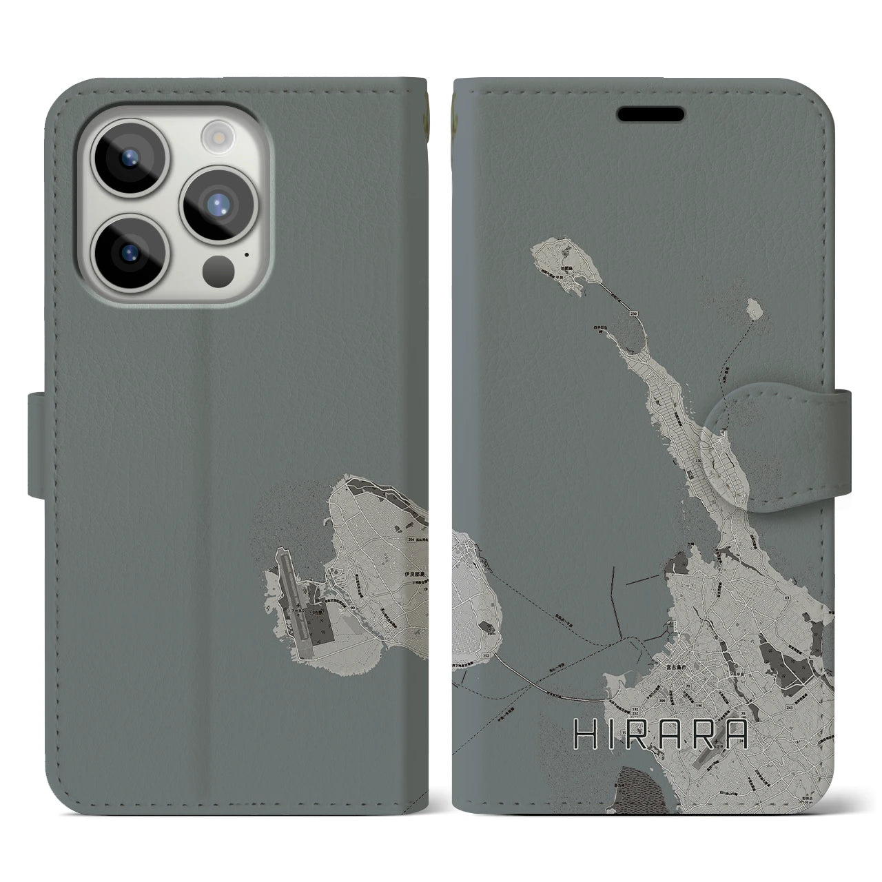 【平良(沖縄県)】地図柄iPhoneケース(手帳タイプ)モノトーン・iPhone 15 Pro 用