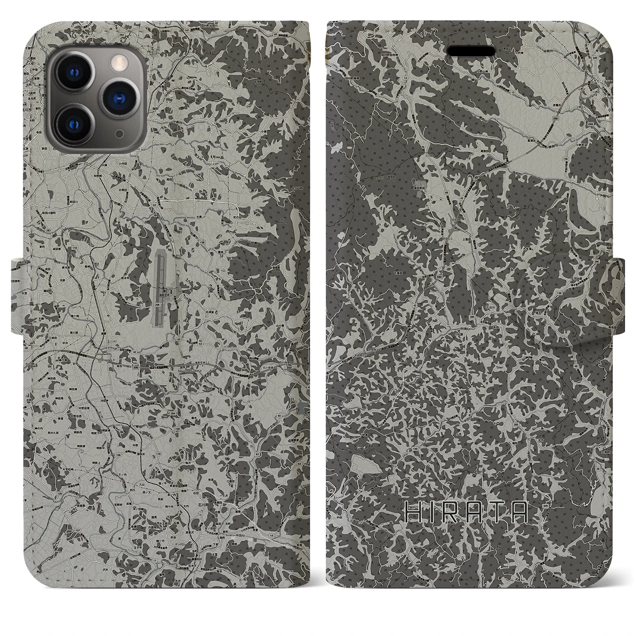 【平田(福島県)】地図柄iPhoneケース(手帳タイプ)モノトーン・iPhone 11 Pro Max 用